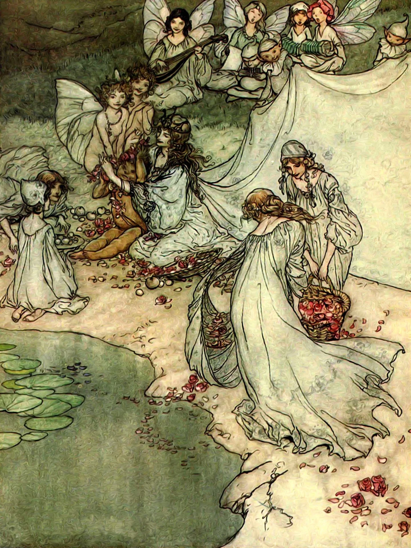 A digital painting of a fairy-tale scene with fairies and women near a pond, surrounded by flowers and lily pads, with a fantastical and whimsical atmosphere.