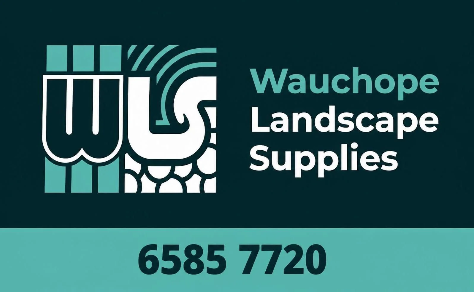 Business card for Wauchope Landscape Supplies with logo, phone number 6585 7720, and stylized text.
