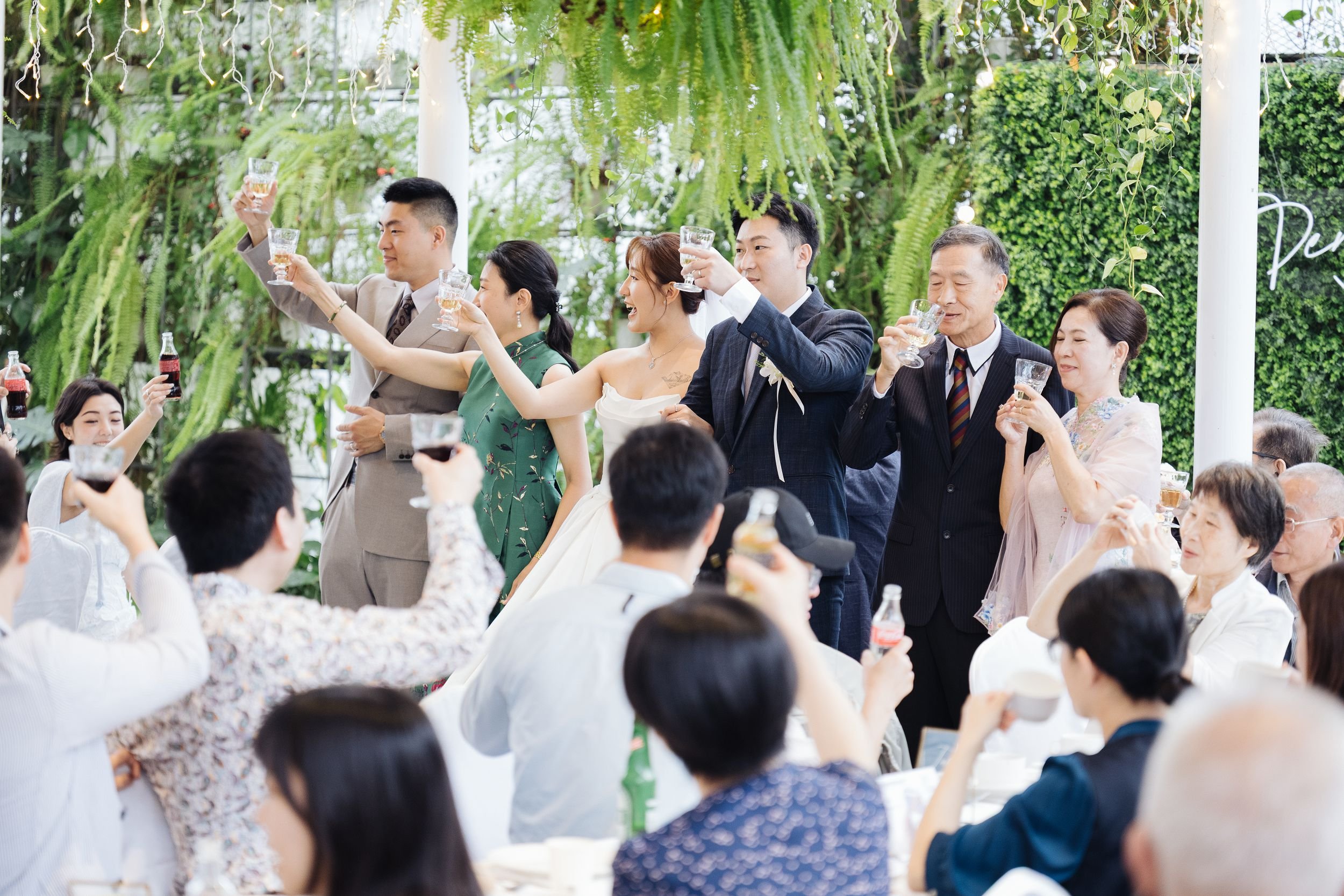 A group of people at a celebration, raising glasses in a toast, with greenery and hanging plants in the background.