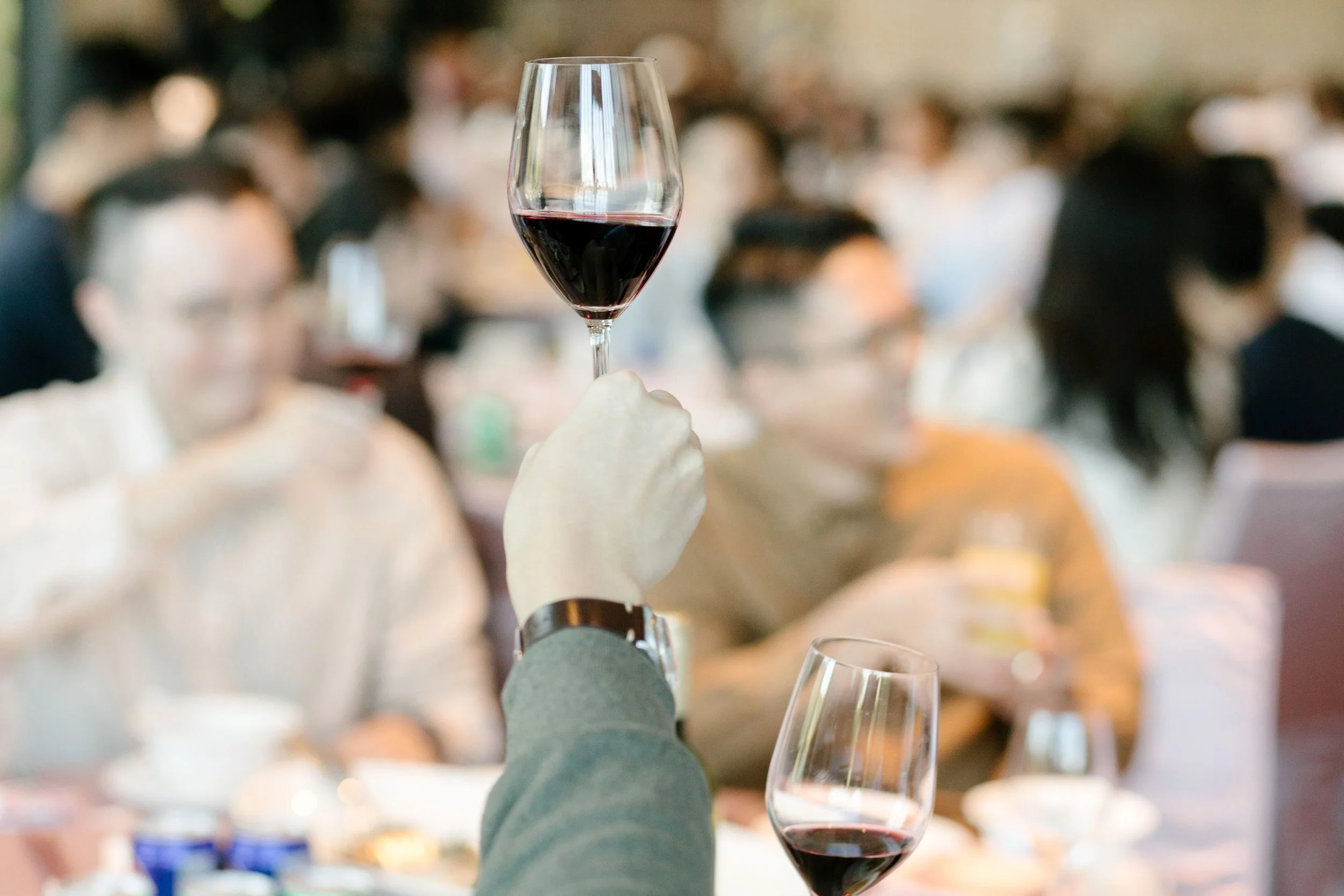 A close-up of a hand holding a glass of red wine, with a blurred background of people at a social gathering or event.