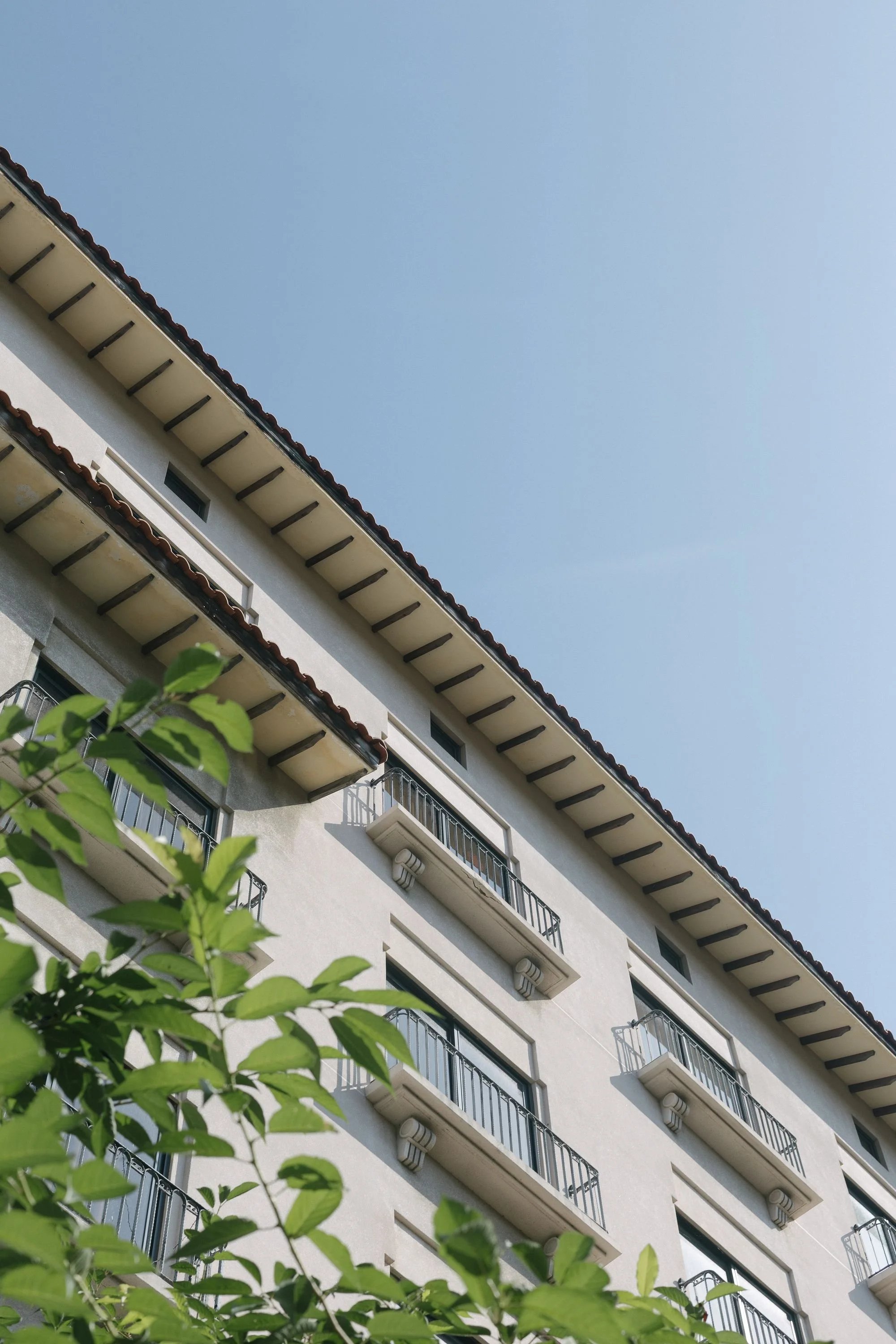 View of a multi-story apartment building with balconies and a sloped roof against a clear blue sky, partly obscured by green leaves in the foreground.
