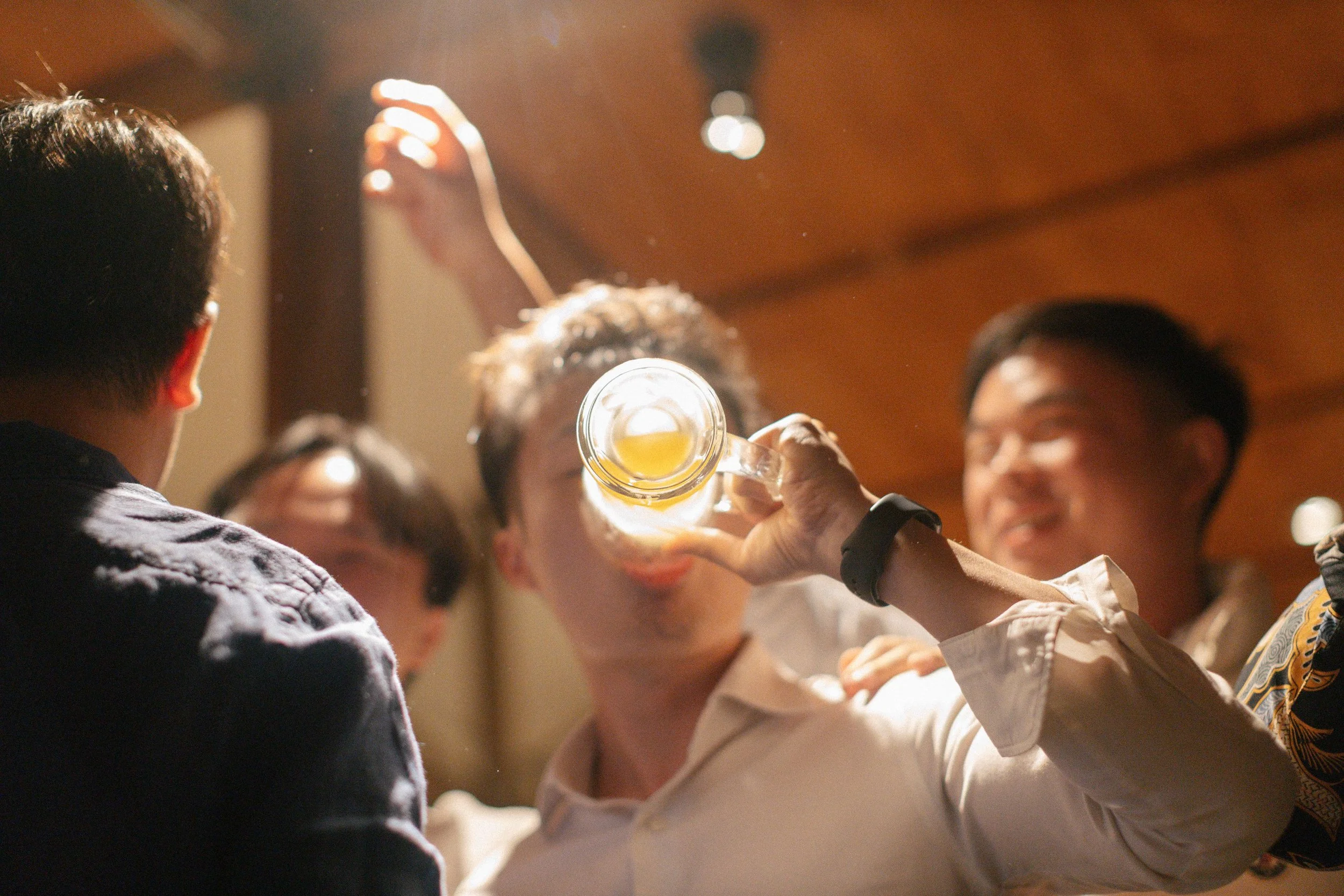 A group of people at a social gathering toasting with drinks.