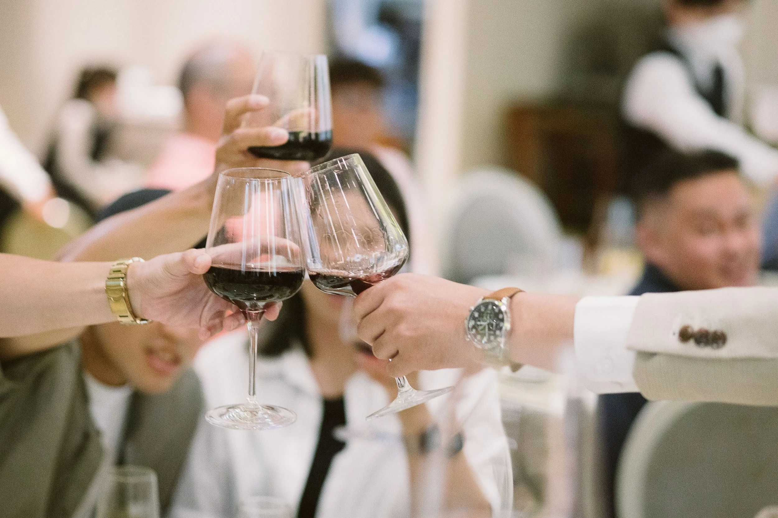 People clinking glasses of red wine in a social gathering or celebration.