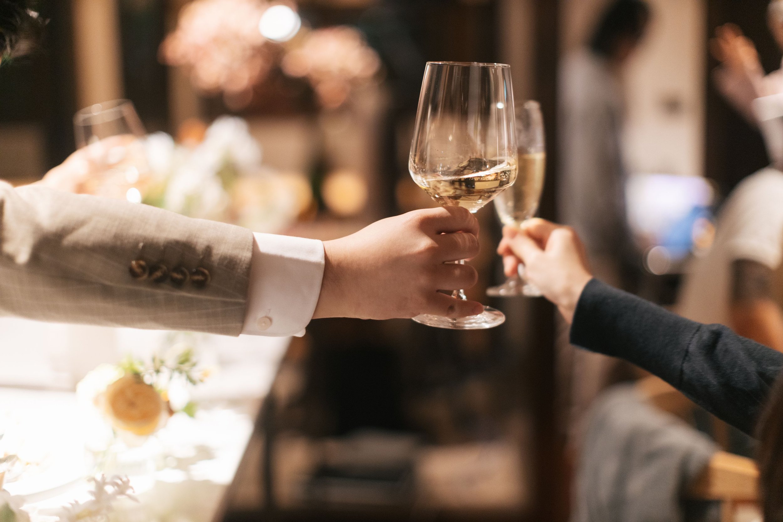 Two people toasting with wine glasses during a celebration or formal gathering.