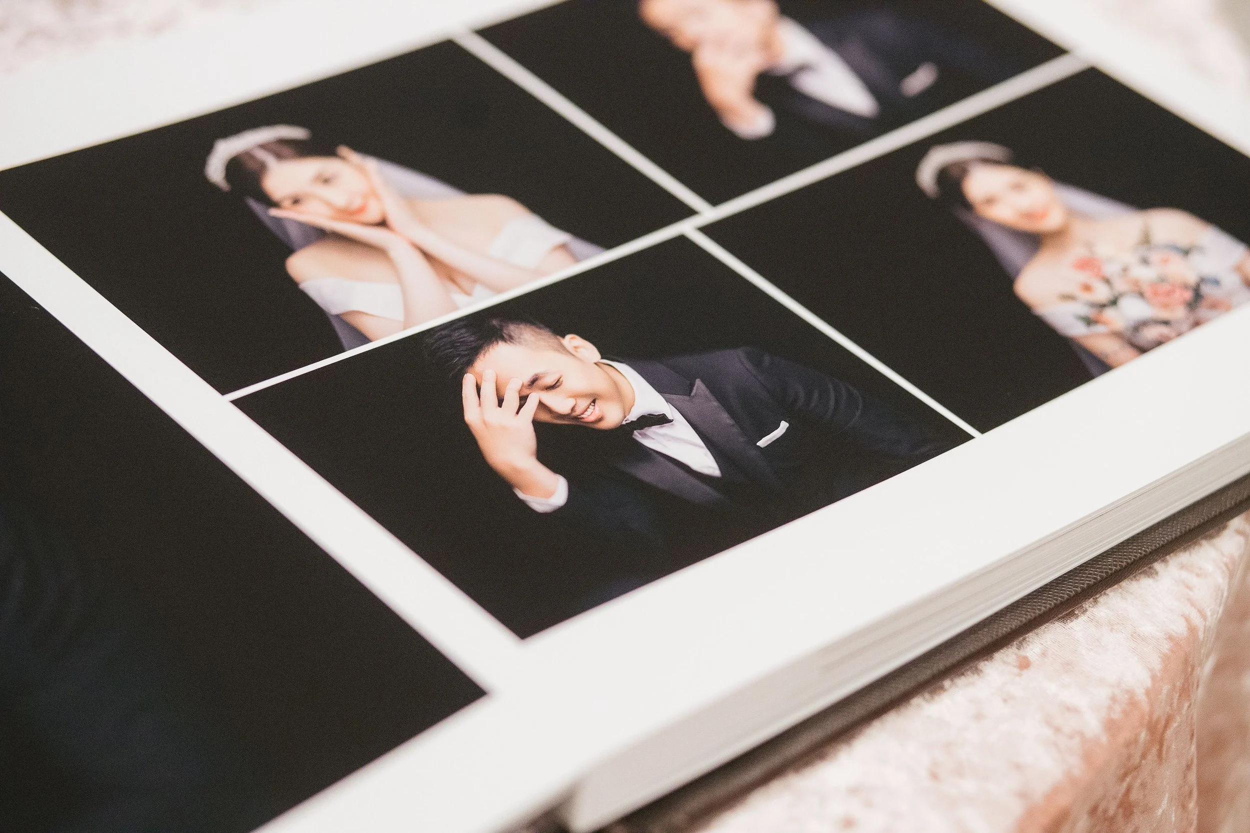 Photograph of a contact sheet with images of a woman in a wedding dress and a man in a tuxedo, both smiling and in joyful poses.