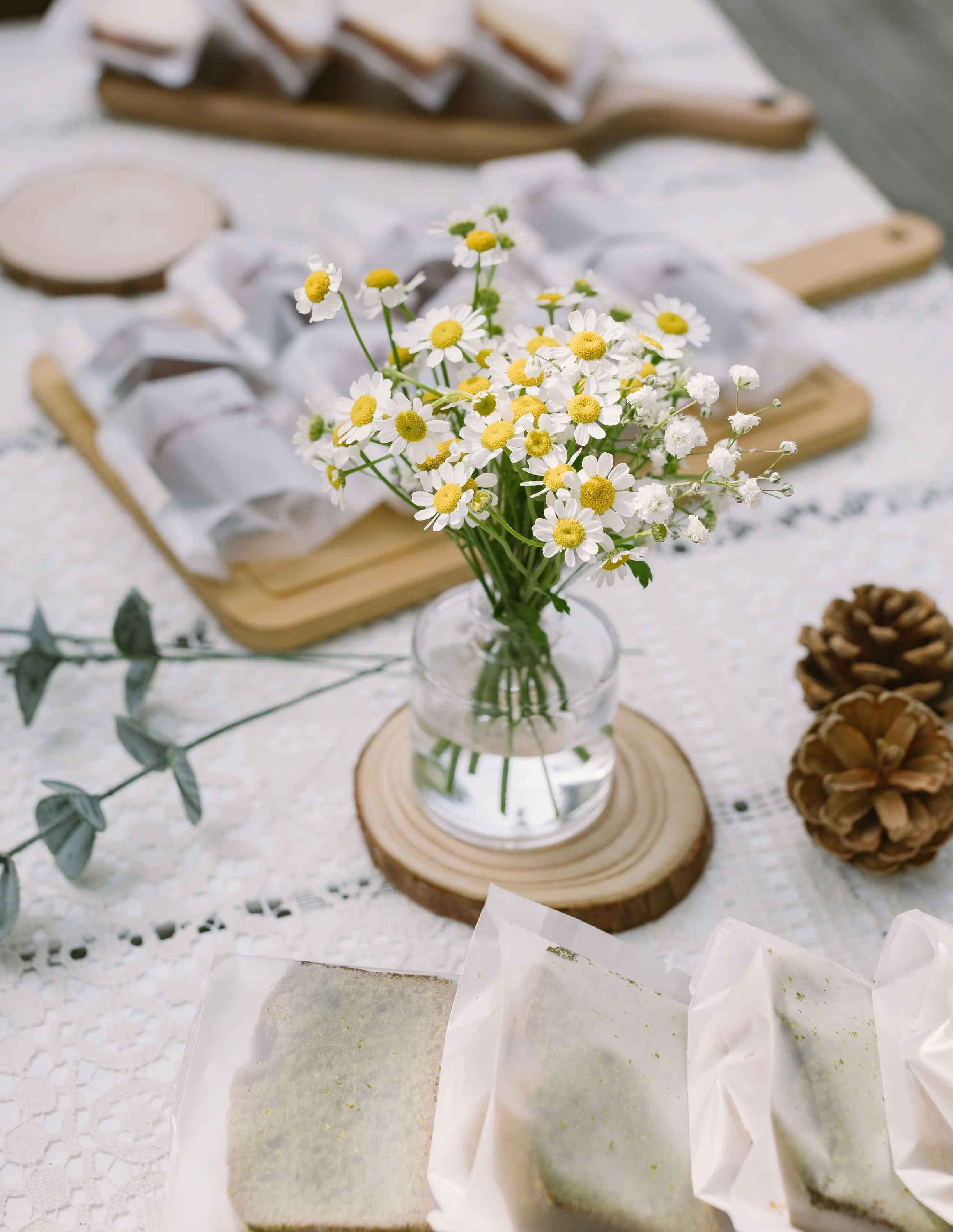 A small bouquet of white daisies with yellow centers on a table, with baked goods wrapped in white paper, pinecones, and sprigs of greenery in the background.