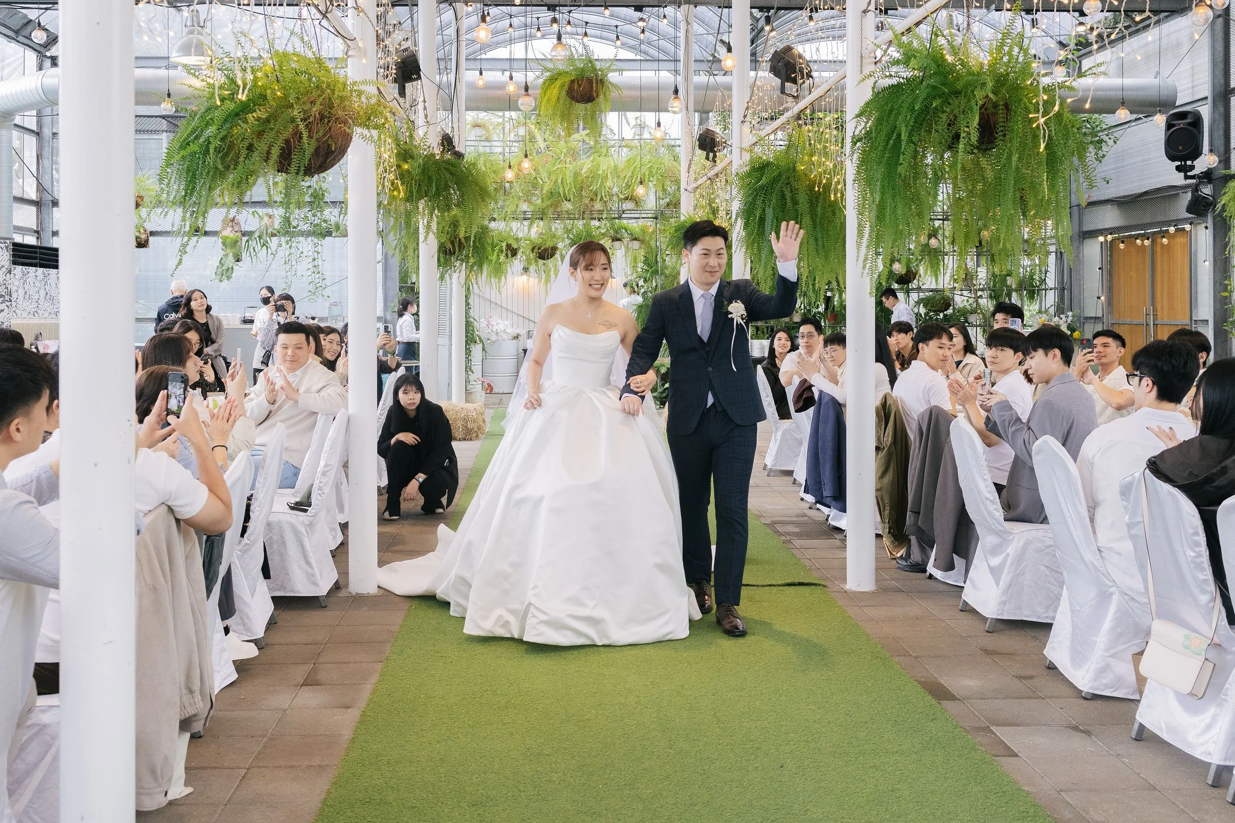 A bride and groom walking down the aisle at their wedding reception in a greenhouse with hanging ferns and string lights, surrounded by seated guests clapping and taking photos.