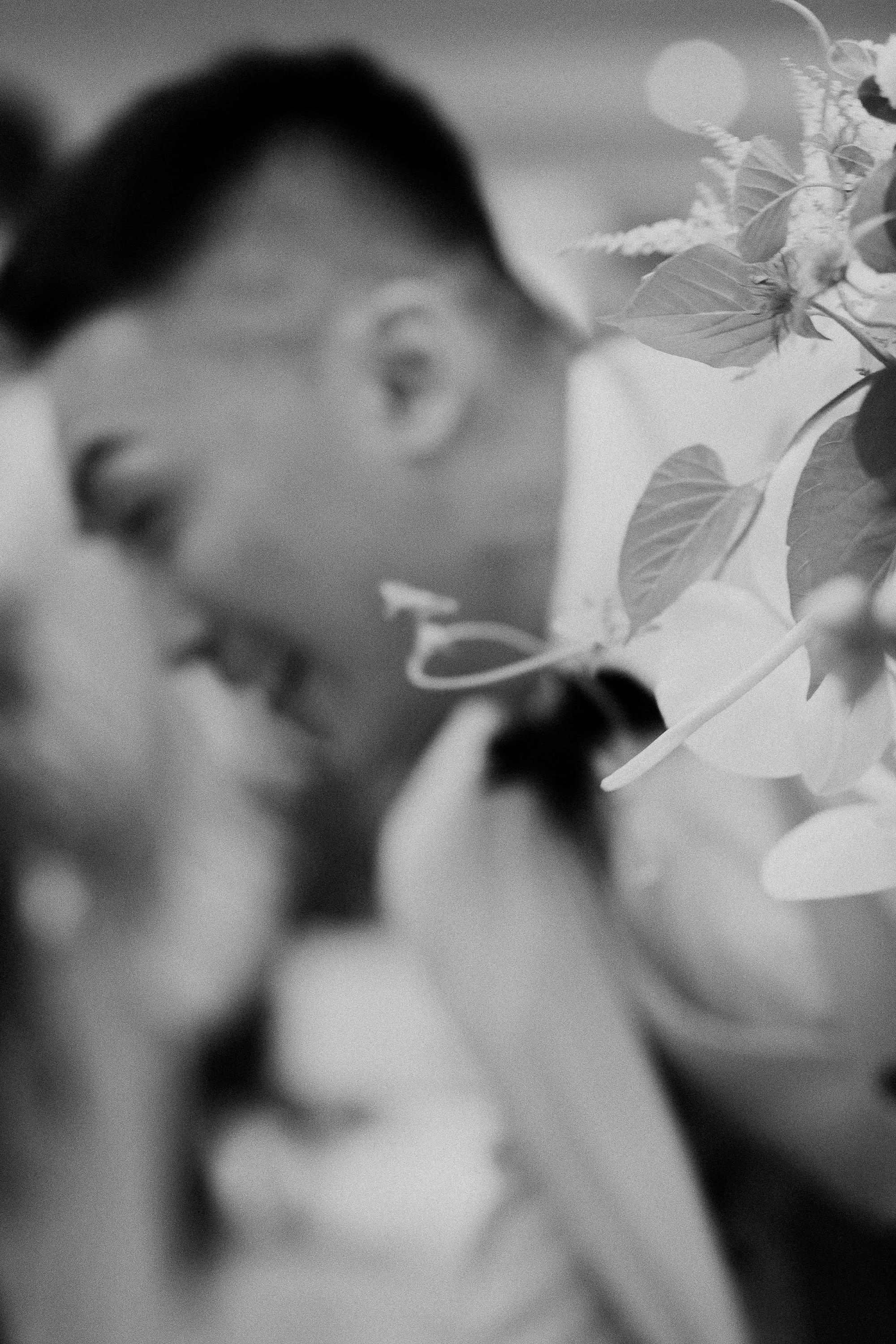 A blurred black and white photo of a person's face near a plant with large leaves and flowers.