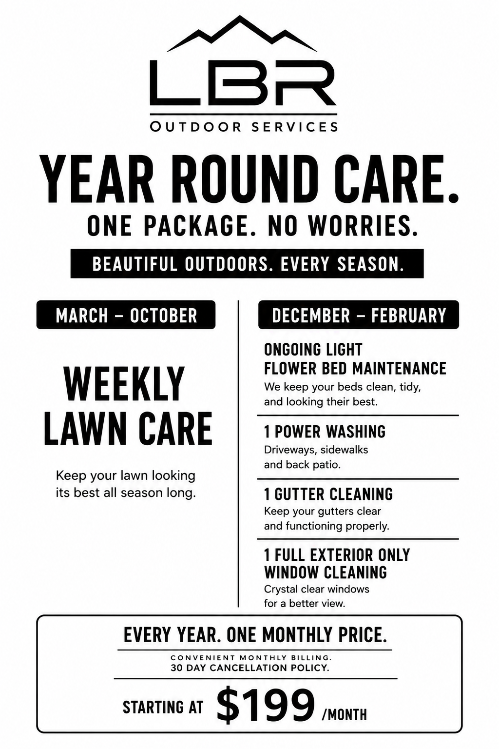 LBR Outdoor Services year-round lawn care plan with weekly lawn service and seasonal property maintenance starting at $199 per month.