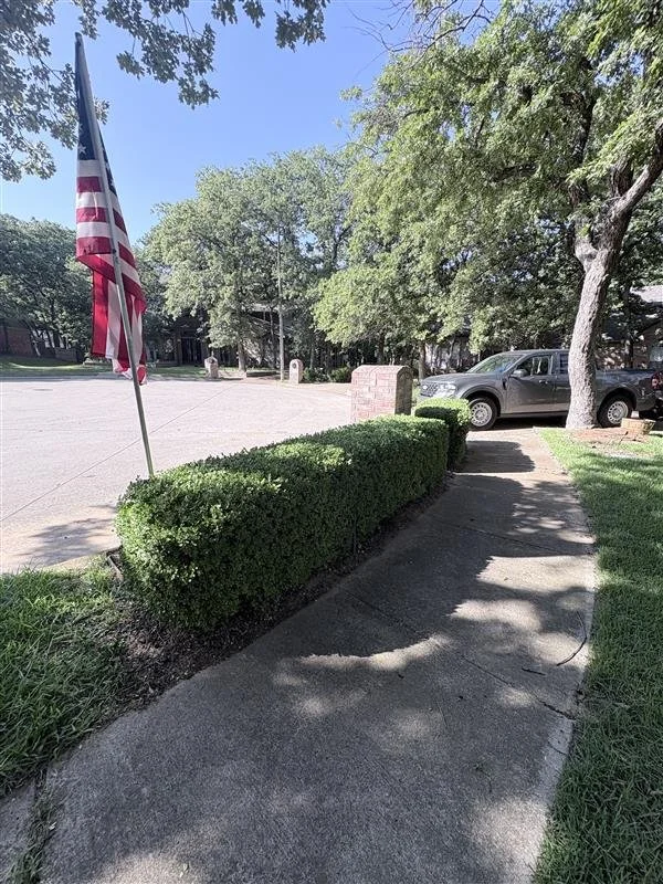 Residential sidewalk with trimmed hedges and a parked car in the background, American flag on a pole, trees providing shade.