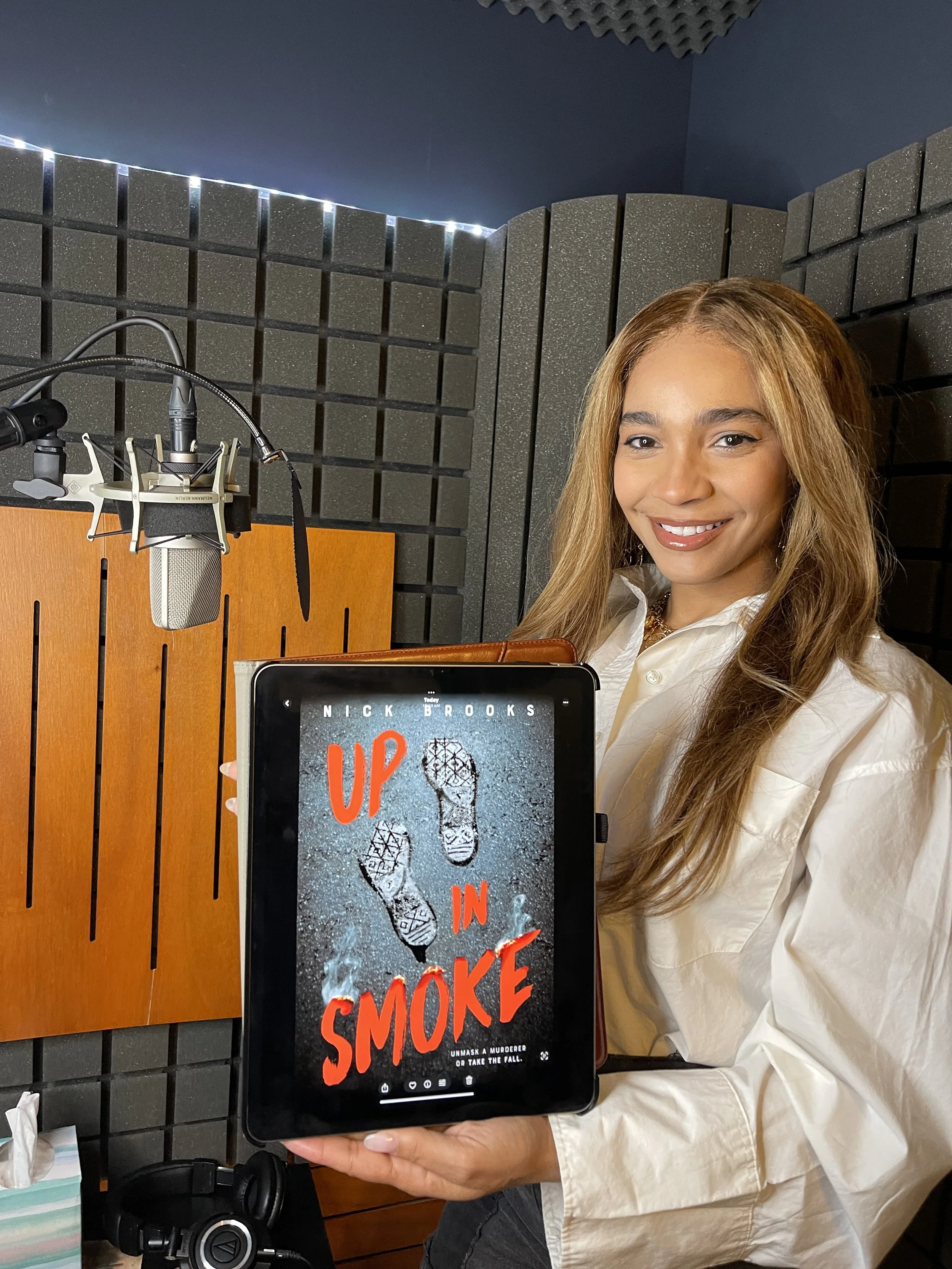 Megan Sousa narrating the mystery UP IN SMOKE.