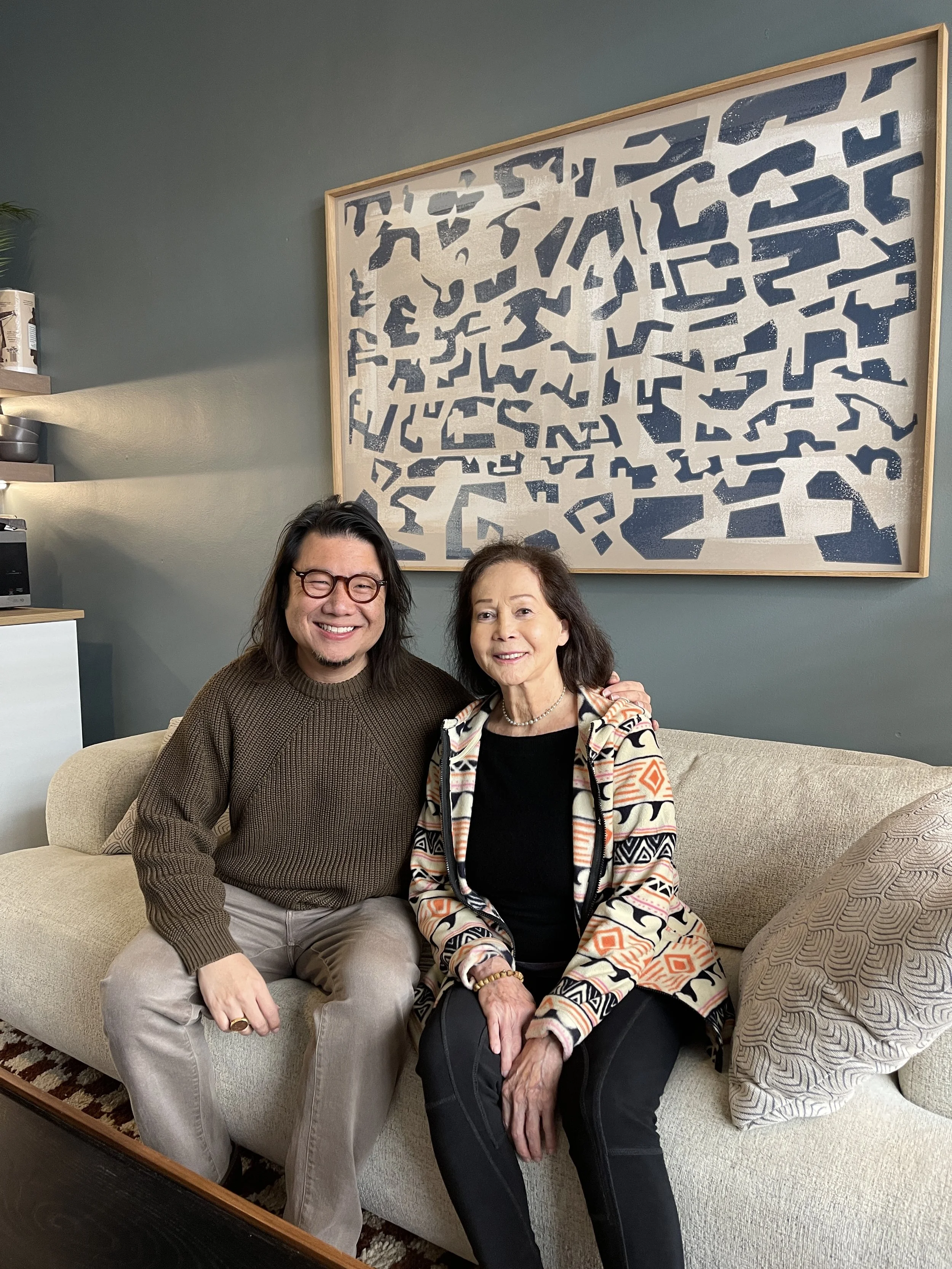 Nancy Kwan, the first Asian Hollywood Superstar (Flower Drum Song) in the studio with her cousin Kevin Kwan, author of Crazy Rich Asians.