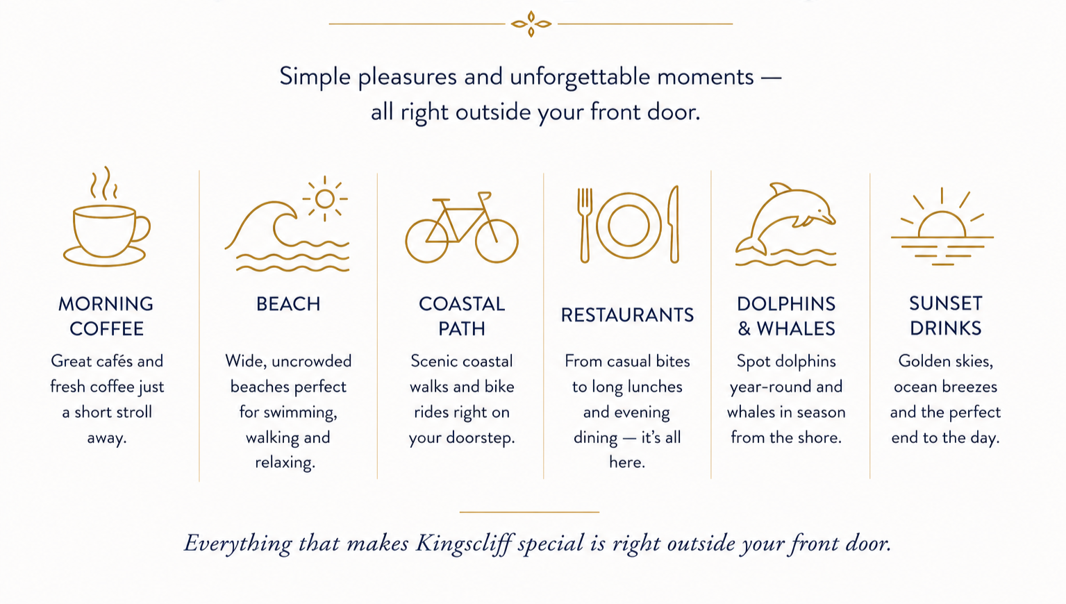 Reasons guests return to Kingscliff, including cafés, beaches, coastal paths, restaurants, dolphins and whales, and sunset drinks.