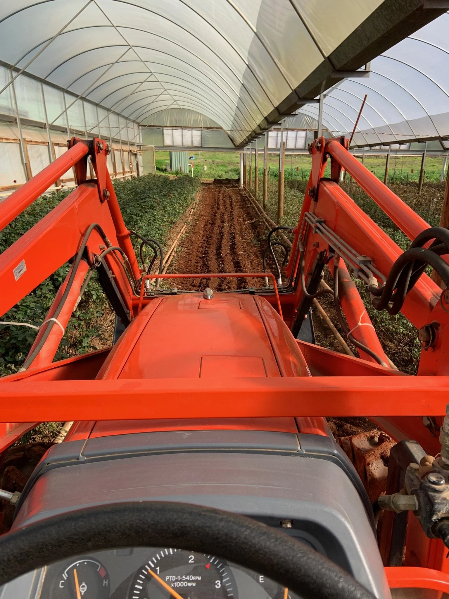 Looking from the tractor's interior at the front of a greenhouse with plants growing in soil beds on either side of a central dirt path.