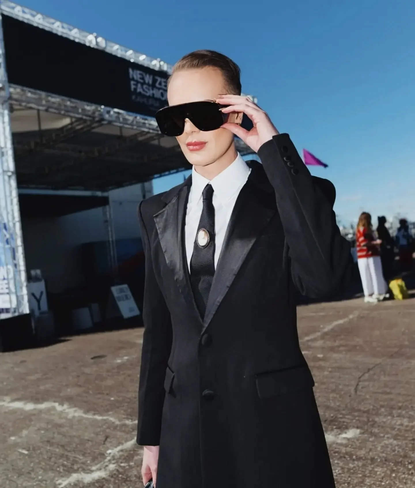 Apparently the sunglasses are giving ski goggles, so says my partner.  Strangers, however, are getting something entirely different and keep offering to help me cross the road. 😂

Nothing says NZFW quite like serving severe tailoring while accidenta