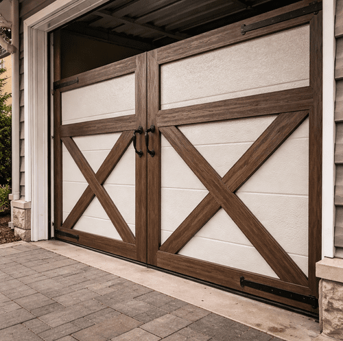 carriage house garage door with wood overlay panels