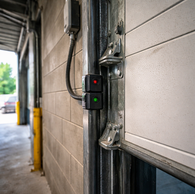 Overhead commercial steel door with safety sensors wired to power operator