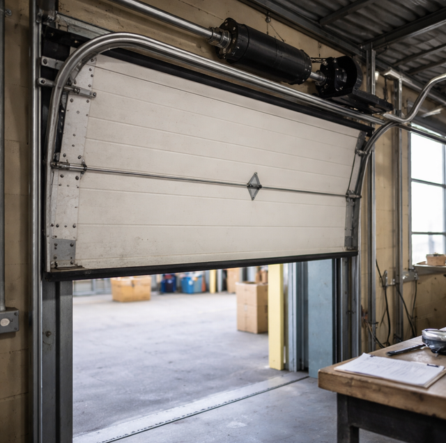 loading dock technician inspecting overhead steel door rollers