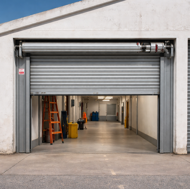 steel fire-rated roll-up door at warehouse inspection point