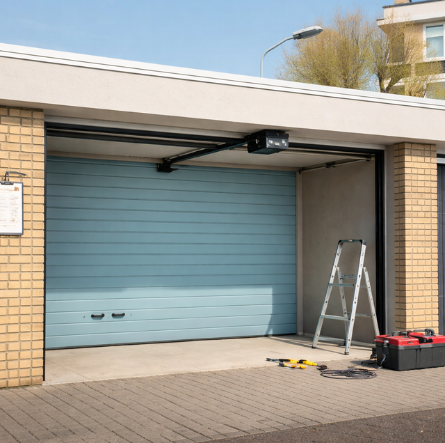 Single-story garage with row of identical white doors