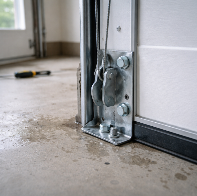 steel bottom bracket holding taut lift cable on garage door