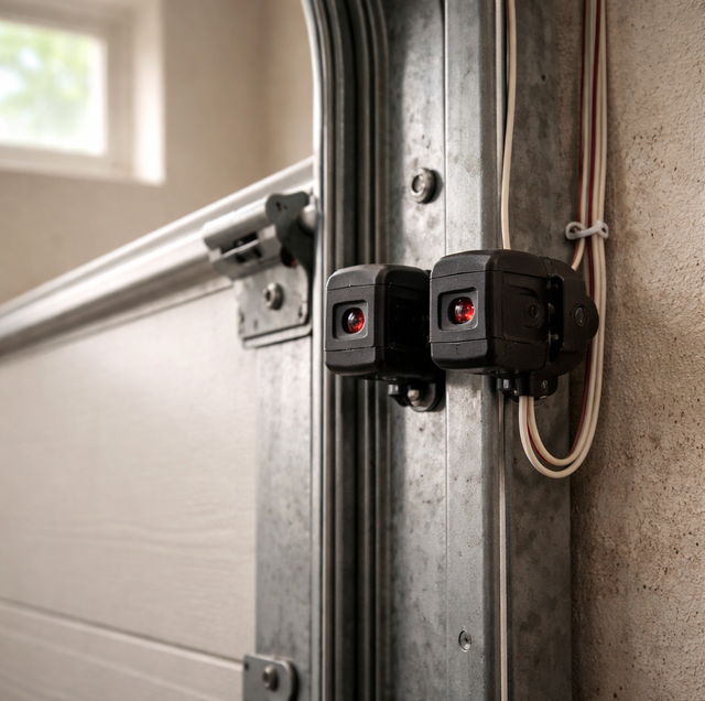 garage door photo-eye pair aimed across floor gap