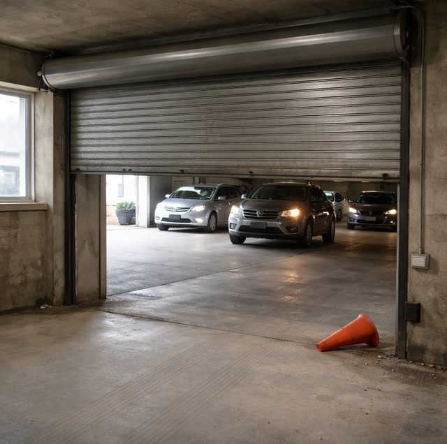 rolling steel parking garage door jammed halfway open