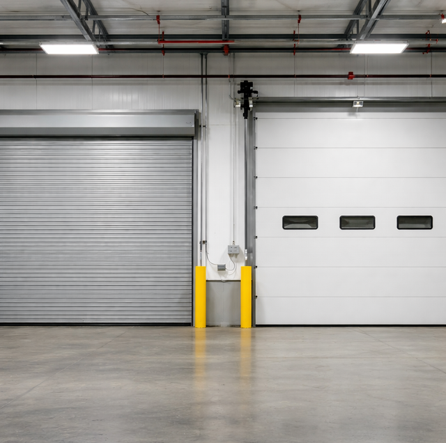 steel rolling door coiling under warehouse ceiling