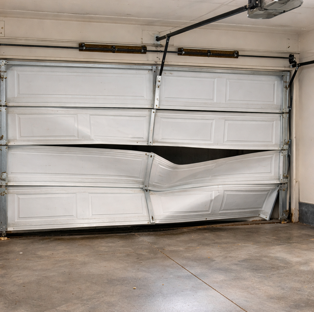 garage door bent off track after storm damage