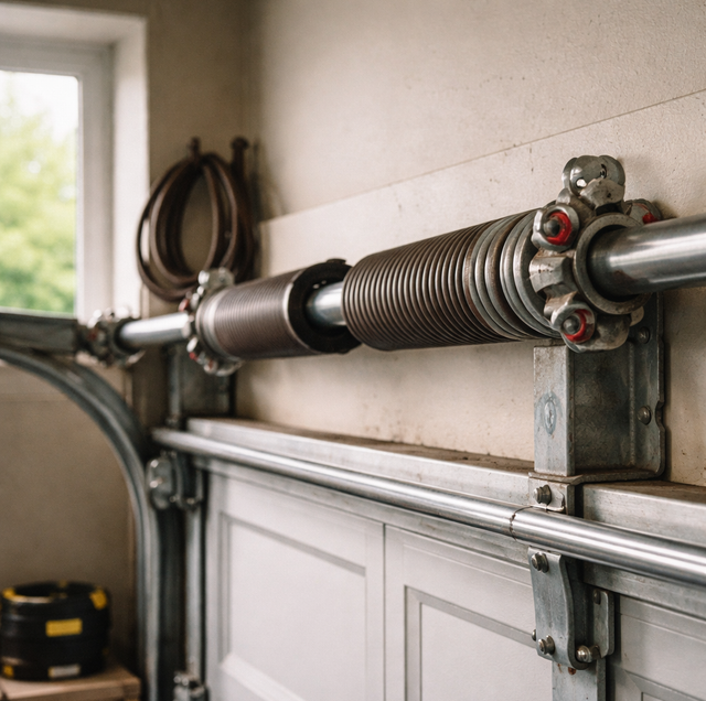 pair of metal garage door torsion springs on steel shaft