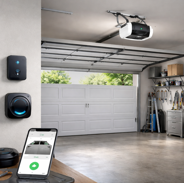 smartphone showing garage door app next to wall remote