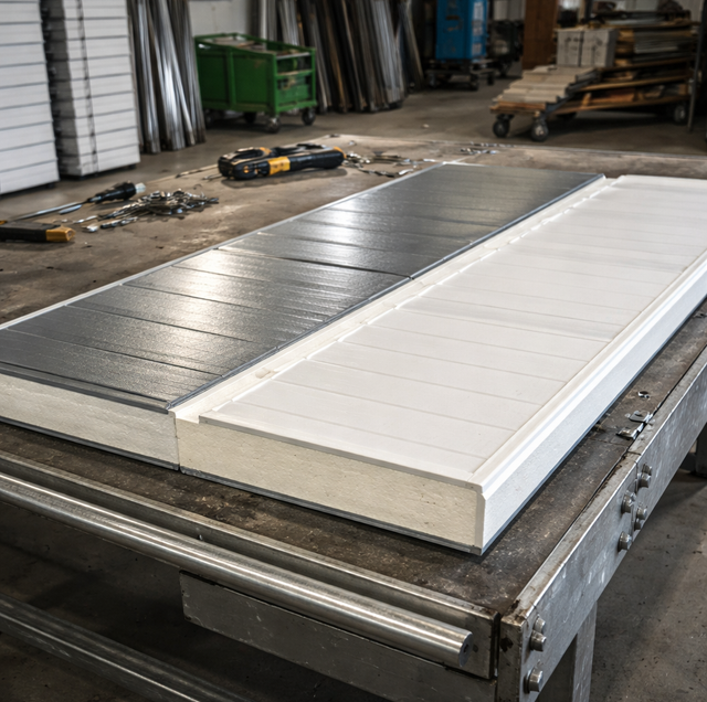 side-by-side foam insulation panels with steel and vinyl backing
