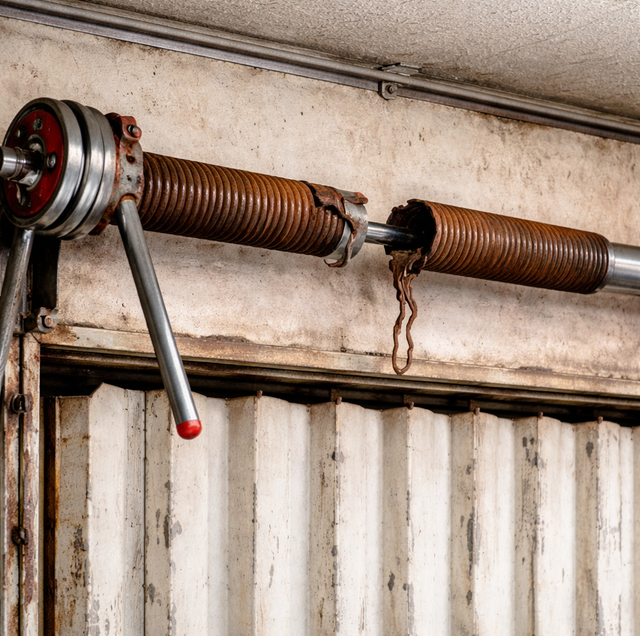 corroded garage door torsion spring with brown rust patch