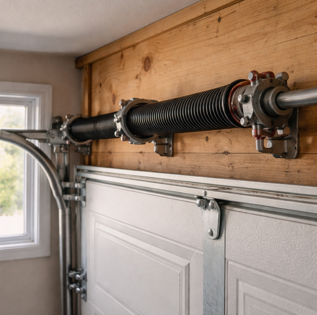 technician inspecting garage door springs and rollers