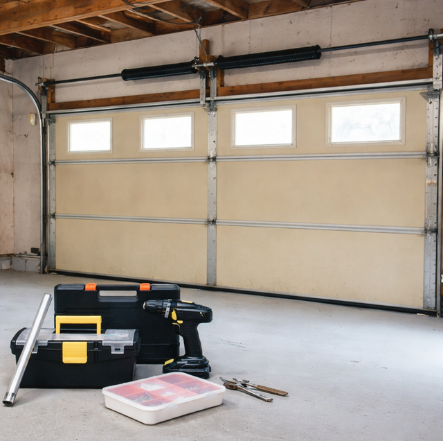 coiled torsion spring beside detached garage door rail