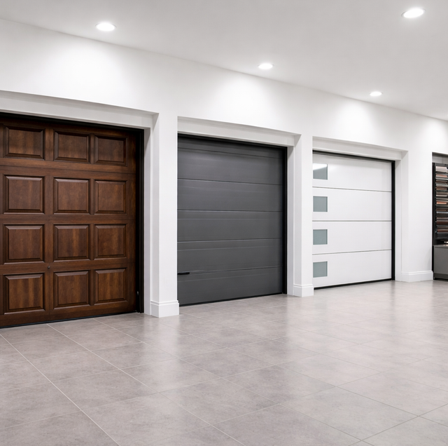 three garage door material samples side by side