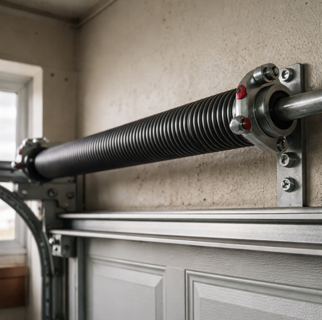 two garage door spring types mounted on metal tracks