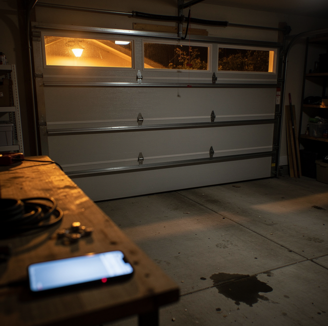 resident leaning garage door phone receiver evening call