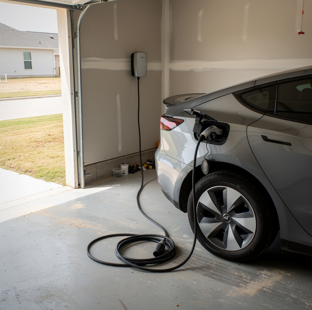 modern electric car plugged in beside stuck garage door