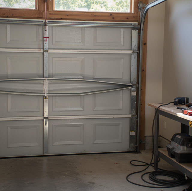 galvanized garage door panel bowing across its middle