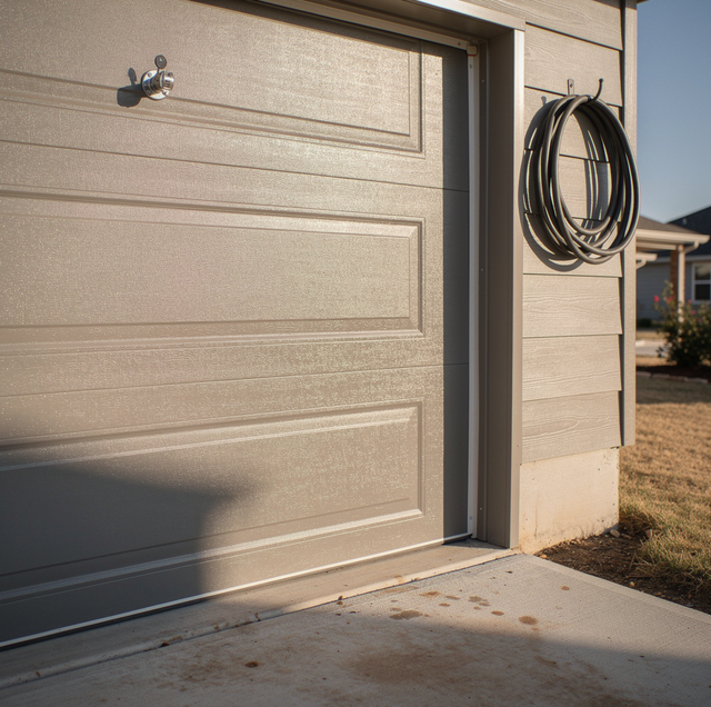 Garage door with metal handle and coiled black hose hanging on hook beside it on concrete driveway.