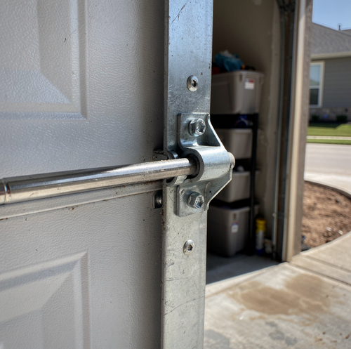 metal garage door track with locked cam and latch