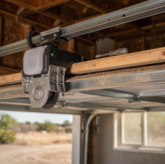 Garage door opener trolley with broken drive gear disengaged from rail