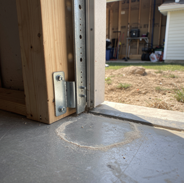Metal hinge and bolts attached to wooden panel next to concrete floor and metal frame near an open doorway.