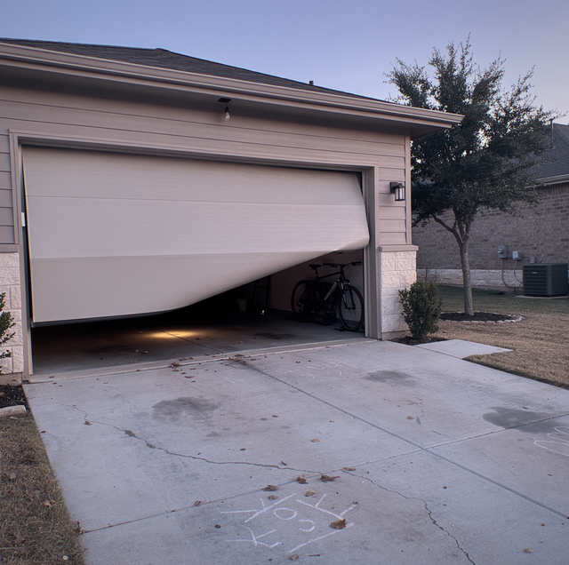 open residential garage door at night dim streetlight