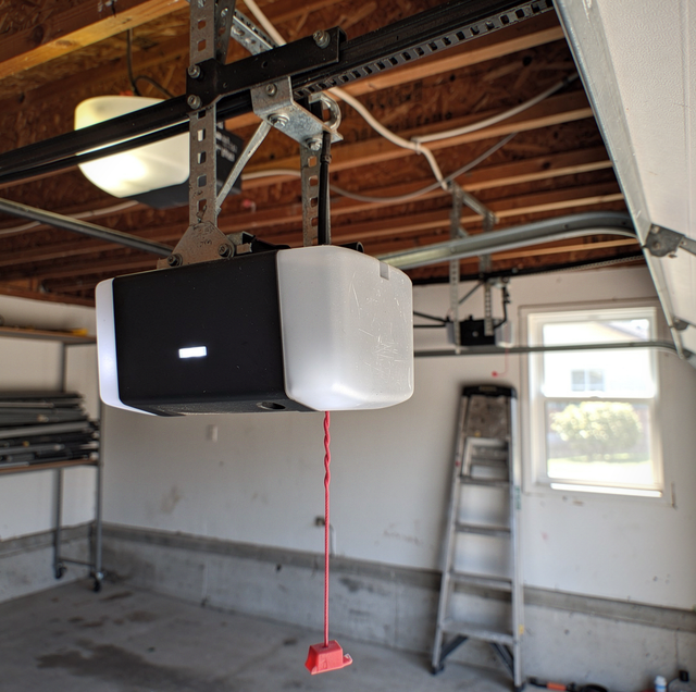 Garage door opener motor unit hanging from ceiling track
