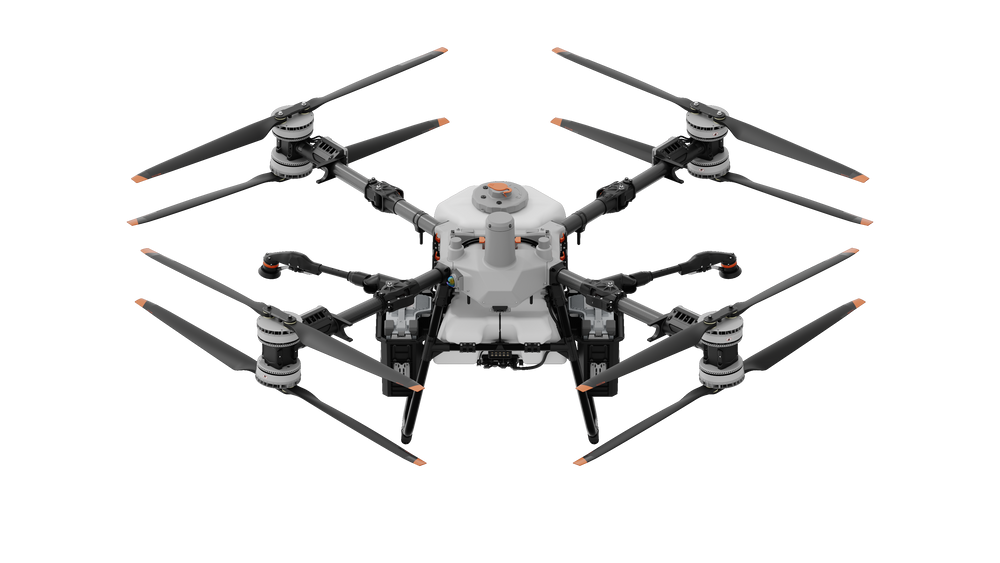 A drone with six propellers and a central camera or sensor, designed for aerial photography or surveillance.