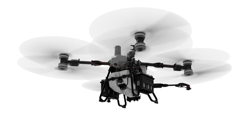 A drone with four propellers flying against a black background.