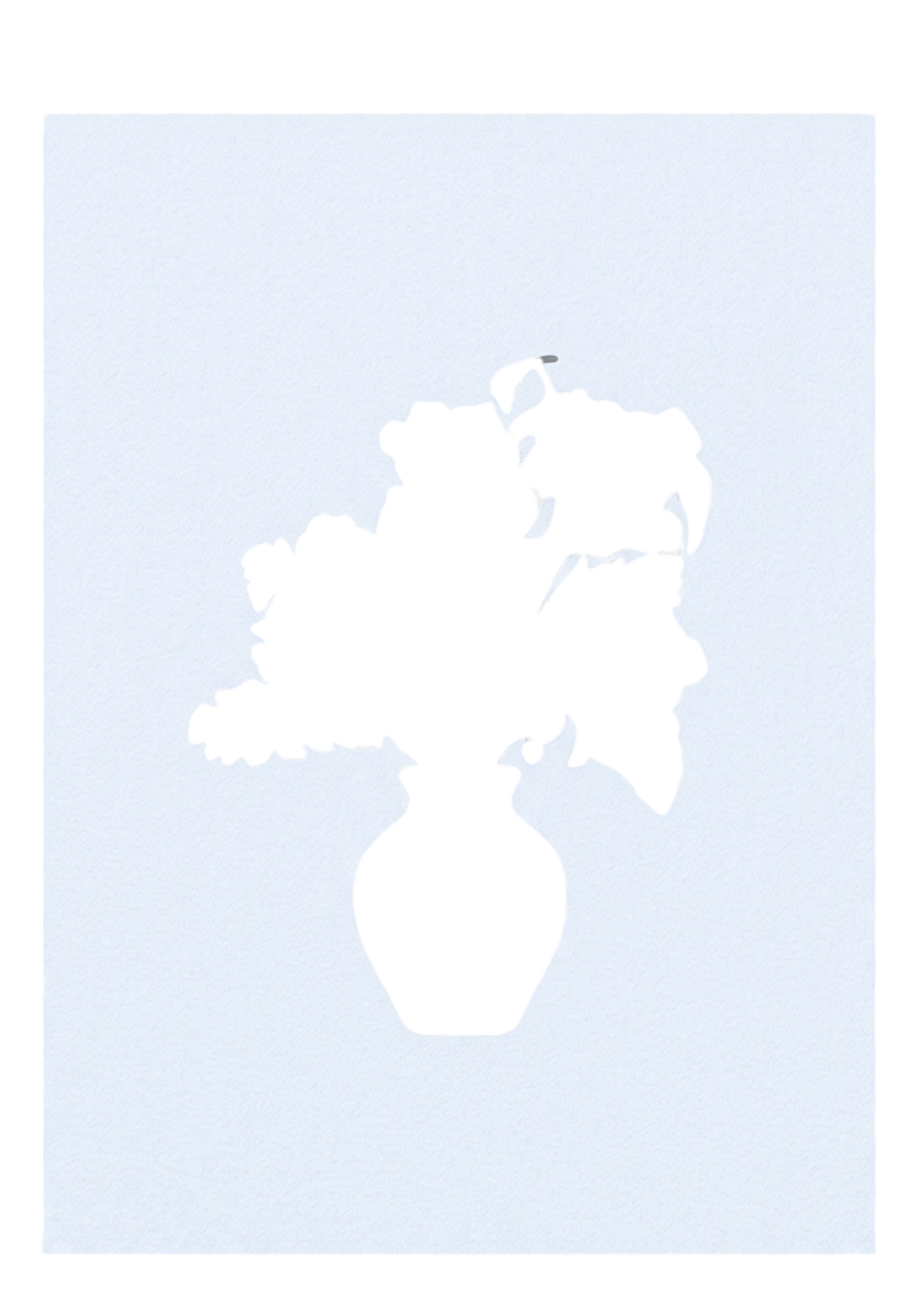 Silhouette of a flower in a vase against a light background.