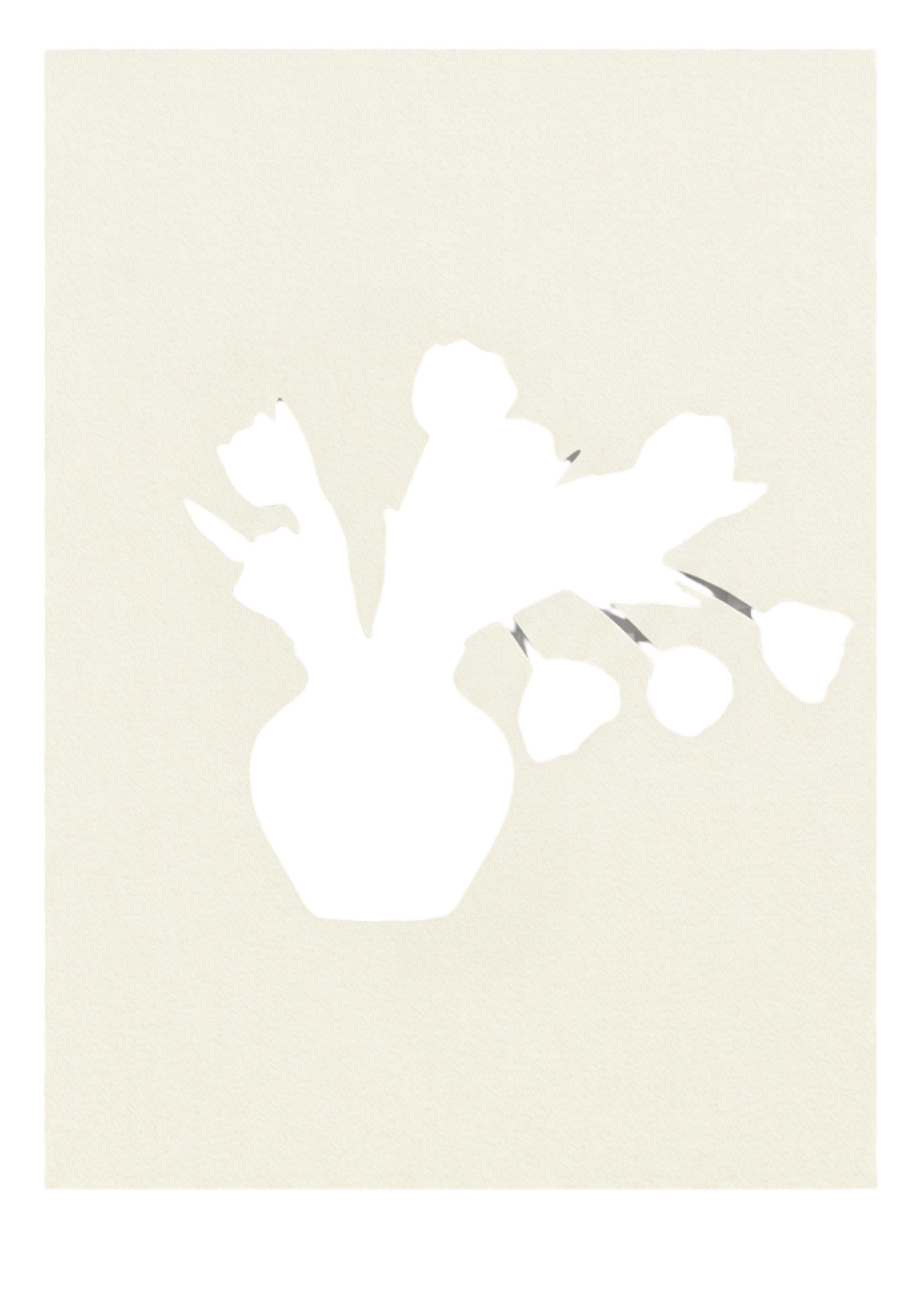 Silhouette of a rose in a pot with large, textured leaves.